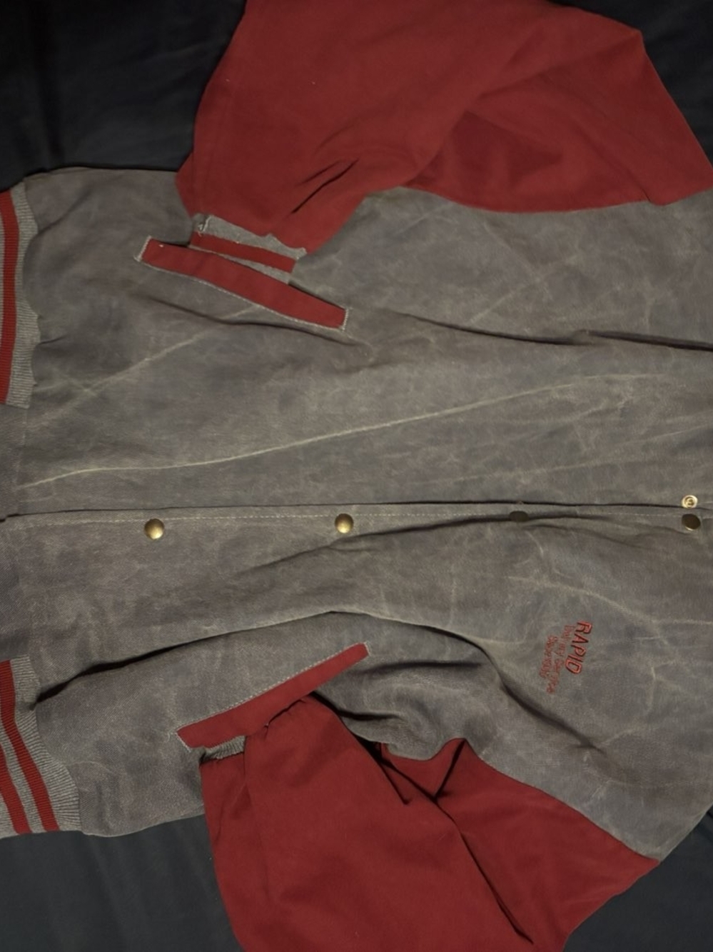 Men's Gray and Red Varsity Bomber Jacket with Embroidered Logo